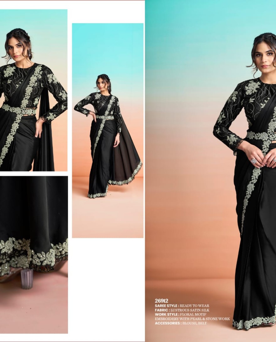 BLACK - Black Satin Silk Embroidered, Pearls and Stone Work Trendy Saree for Ceremonial