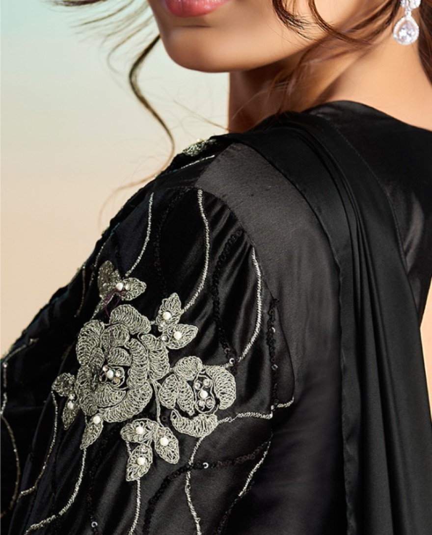 BLACK - Black Satin Silk Embroidered, Pearls and Stone Work Trendy Saree for Ceremonial