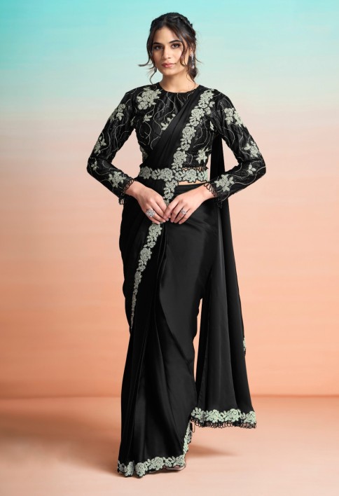 Black Satin Silk Embroidered, Pearls and Stone Work Trendy Saree for Ceremonial