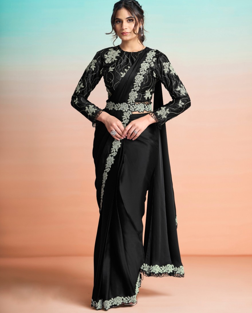 BLACK - Black Satin Silk Embroidered, Pearls and Stone Work Trendy Saree for Ceremonial