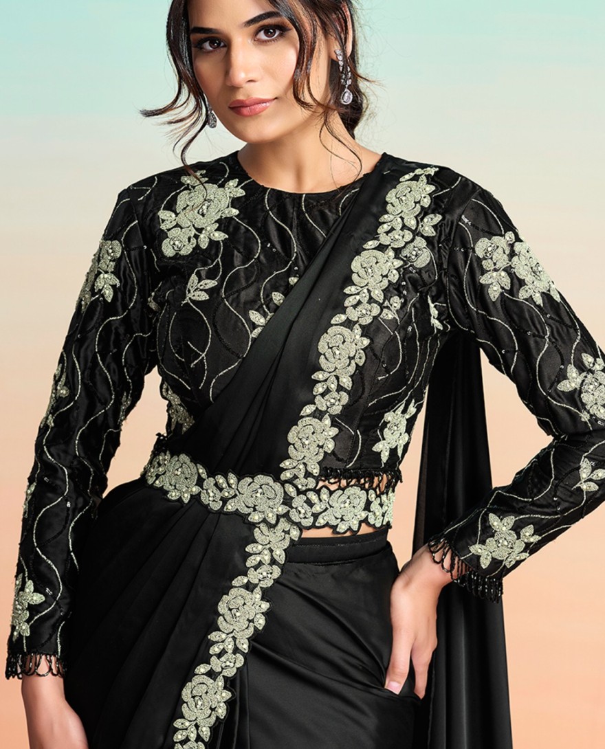 BLACK - Black Satin Silk Embroidered, Pearls and Stone Work Trendy Saree for Ceremonial
