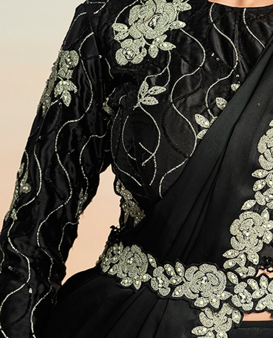 BLACK - Black Satin Silk Embroidered, Pearls and Stone Work Trendy Saree for Ceremonial
