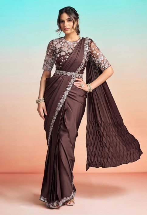 Brown Satin Silk Embroidered, Pearls, Sequins and Stone Work Traditional Saree