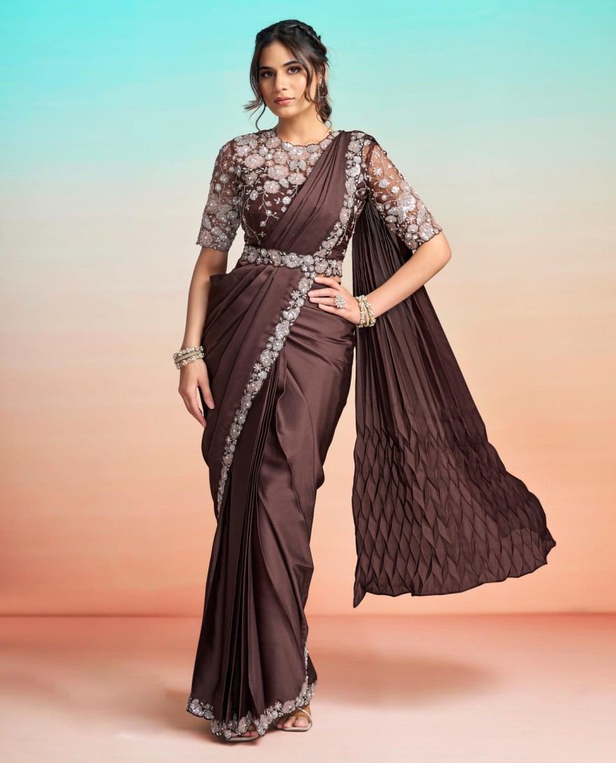 BROWN - Brown Satin Silk Embroidered, Pearls, Sequins and Stone Work Traditional Saree