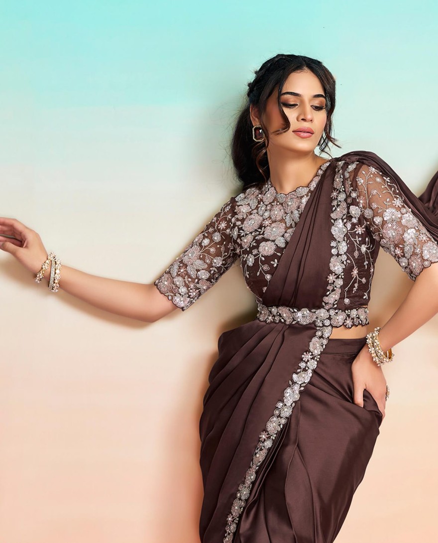 BROWN - Brown Satin Silk Embroidered, Pearls, Sequins and Stone Work Traditional Saree