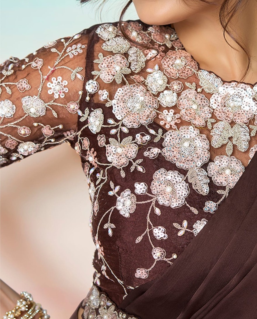 BROWN - Brown Satin Silk Embroidered, Pearls, Sequins and Stone Work Traditional Saree