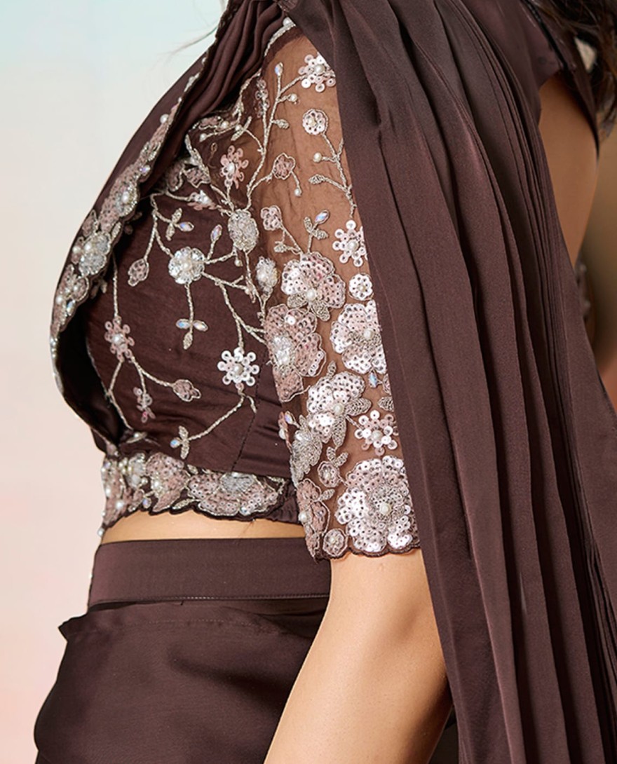 BROWN - Brown Satin Silk Embroidered, Pearls, Sequins and Stone Work Traditional Saree