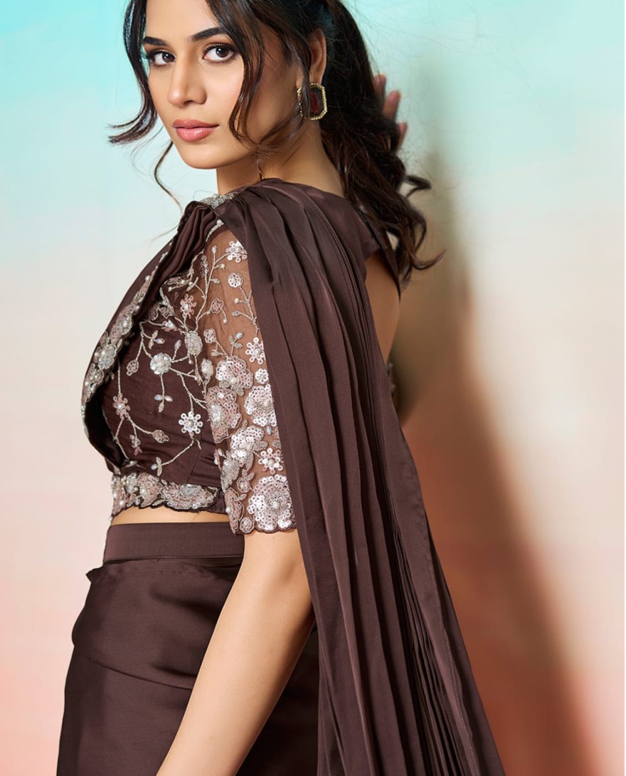 BROWN - Brown Satin Silk Embroidered, Pearls, Sequins and Stone Work Traditional Saree
