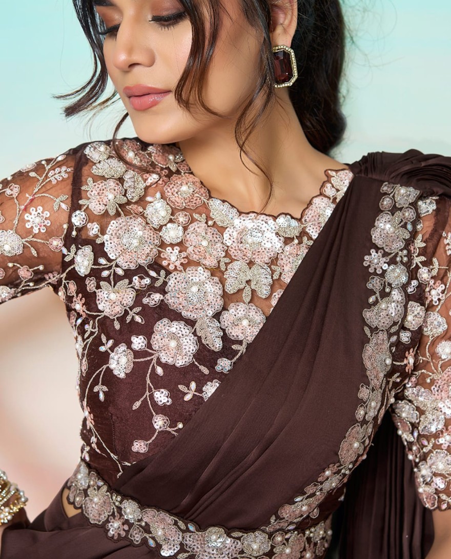 BROWN - Brown Satin Silk Embroidered, Pearls, Sequins and Stone Work Traditional Saree