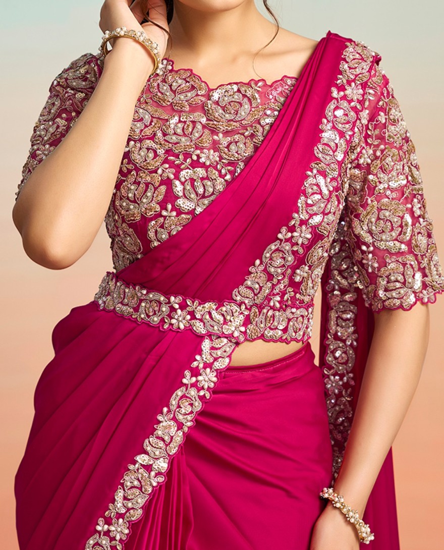 PINK - Trendy Rani Satin Silk Classic Sari with Embroidered, Pearls, Sequins and Stone Work
