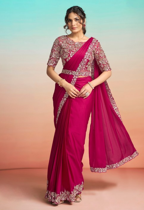 Trendy Rani Satin Silk Classic Sari with Embroidered, Pearls, Sequins and Stone Work