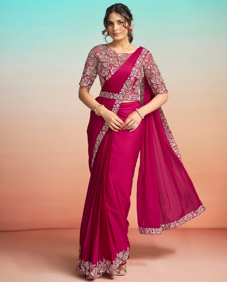 PINK - Trendy Rani Satin Silk Classic Sari with Embroidered, Pearls, Sequins and Stone Work