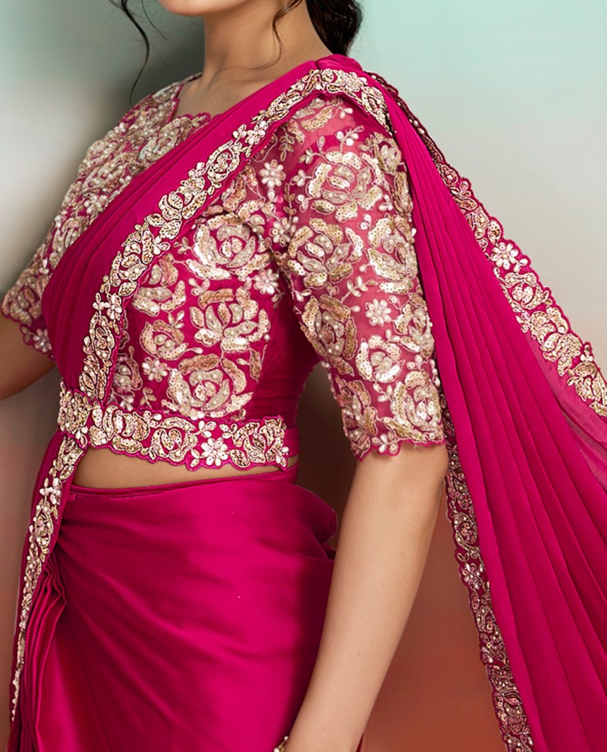 PINK - Trendy Rani Satin Silk Classic Sari with Embroidered, Pearls, Sequins and Stone Work