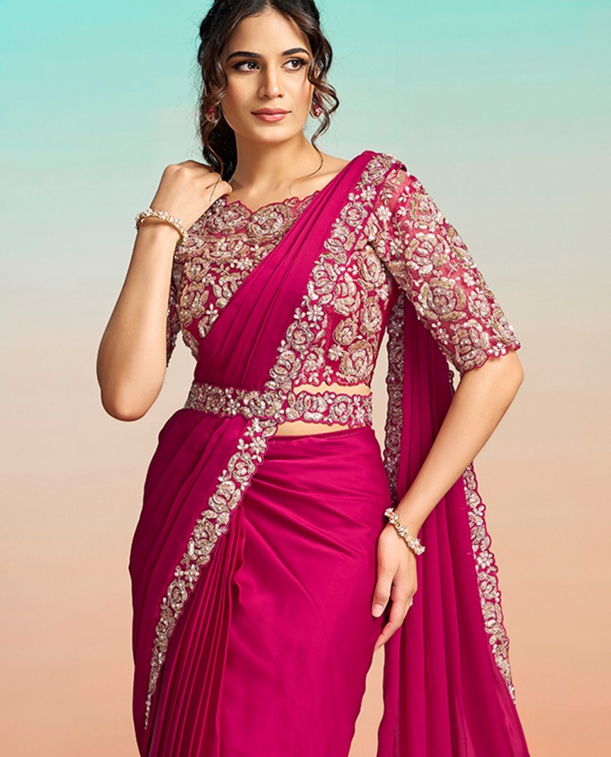 PINK - Trendy Rani Satin Silk Classic Sari with Embroidered, Pearls, Sequins and Stone Work