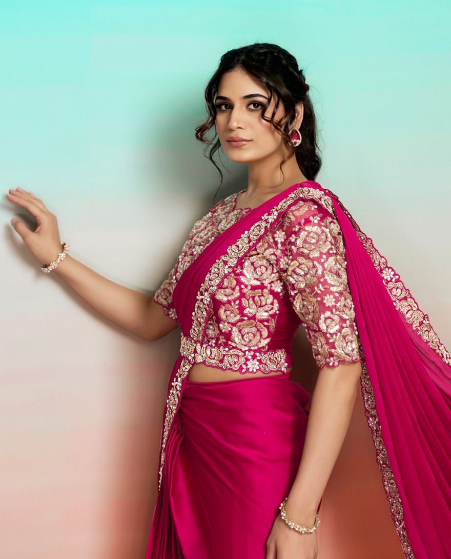 PINK - Trendy Rani Satin Silk Classic Sari with Embroidered, Pearls, Sequins and Stone Work