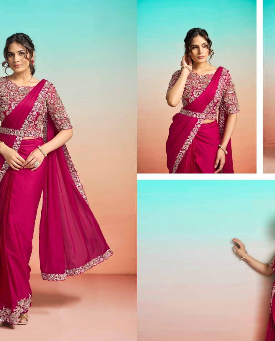 PINK - Trendy Rani Satin Silk Classic Sari with Embroidered, Pearls, Sequins and Stone Work