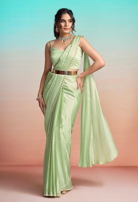Satin Silk Classic Sari In Green Colour