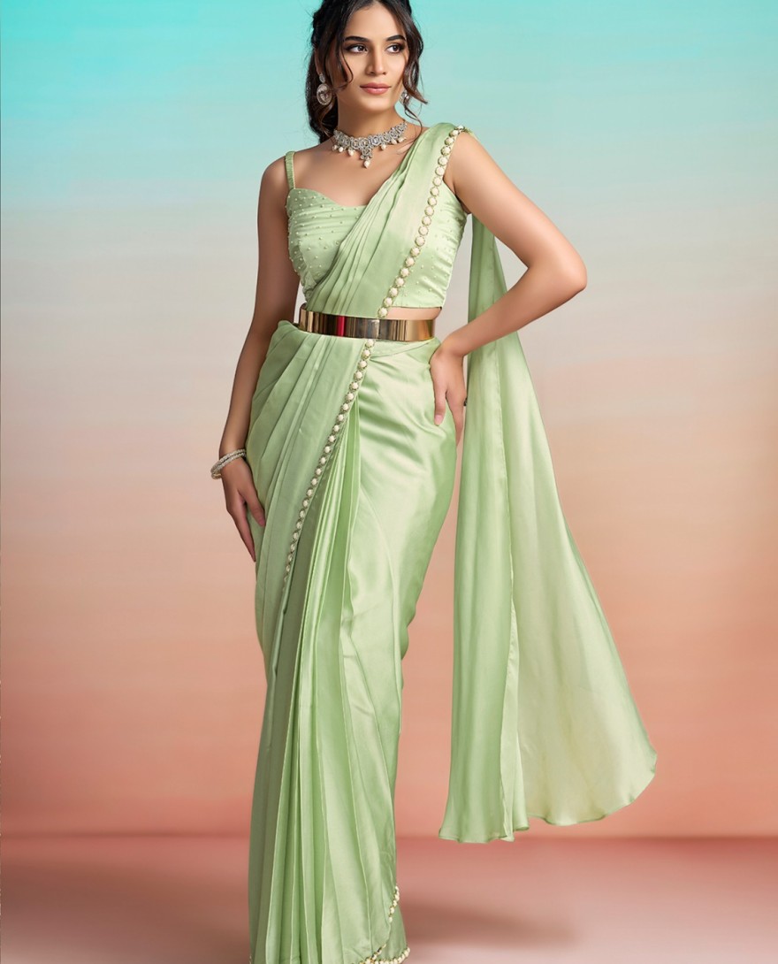 GREEN - Satin Silk Classic Sari In Green Colour