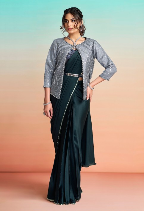 Green Satin Silk Trendy Saree with Embroidered and Sequins Work