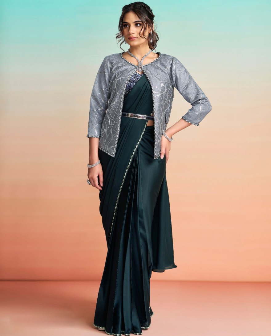 GREEN - Green Satin Silk Trendy Saree with Embroidered and Sequins Work