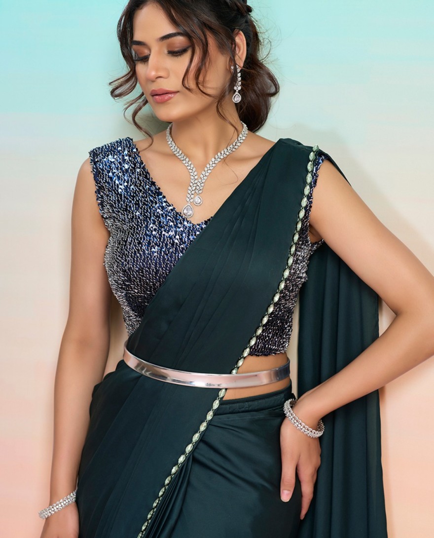 GREEN - Green Satin Silk Trendy Saree with Embroidered and Sequins Work