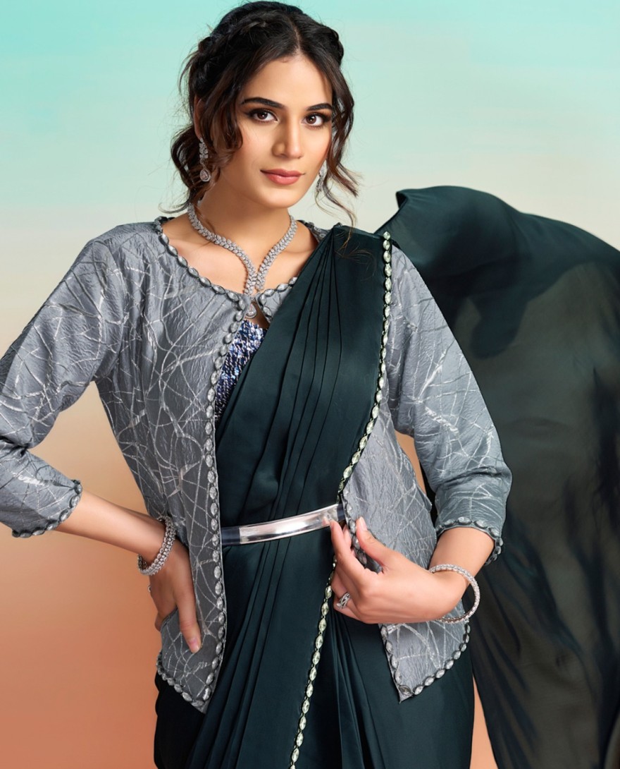 GREEN - Green Satin Silk Trendy Saree with Embroidered and Sequins Work