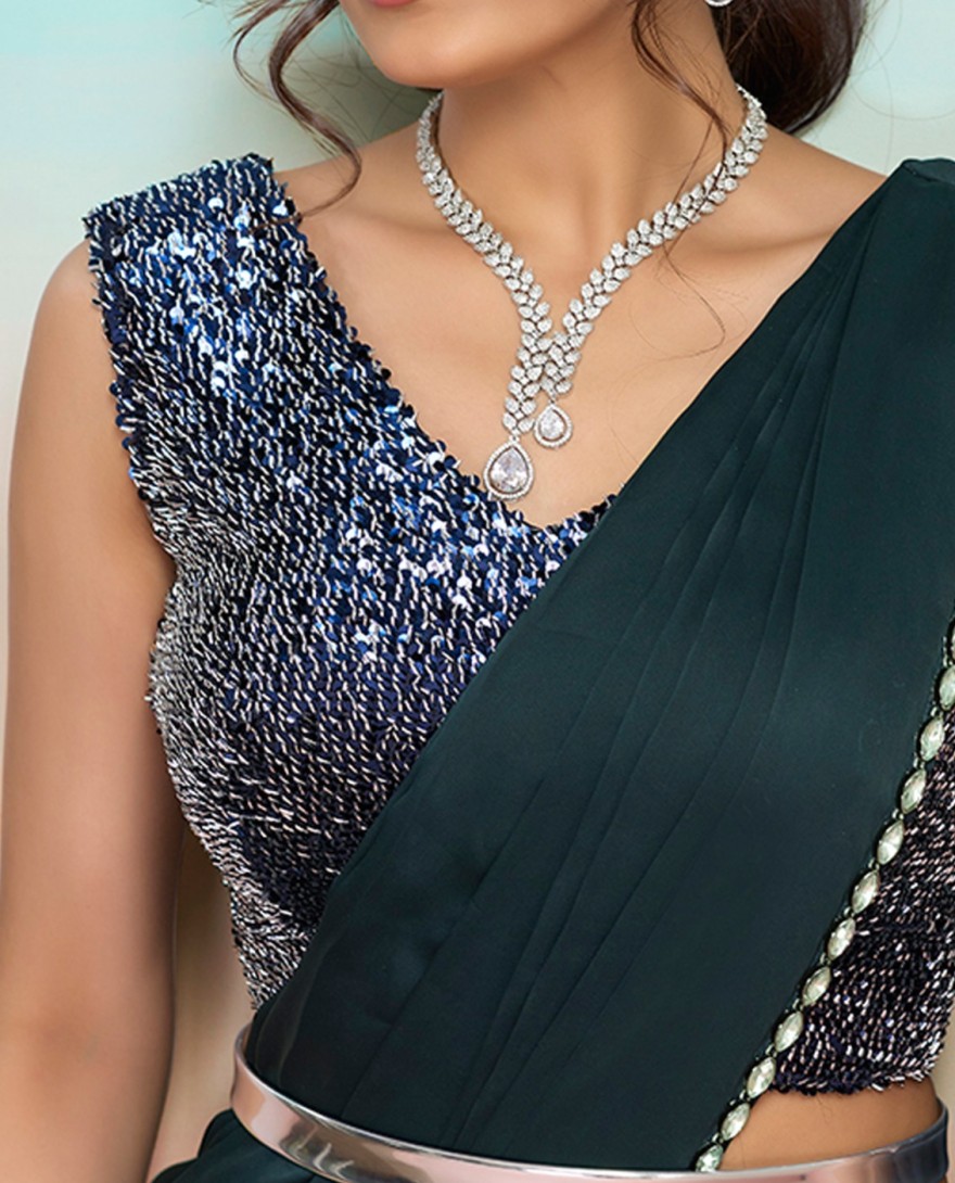 GREEN - Green Satin Silk Trendy Saree with Embroidered and Sequins Work