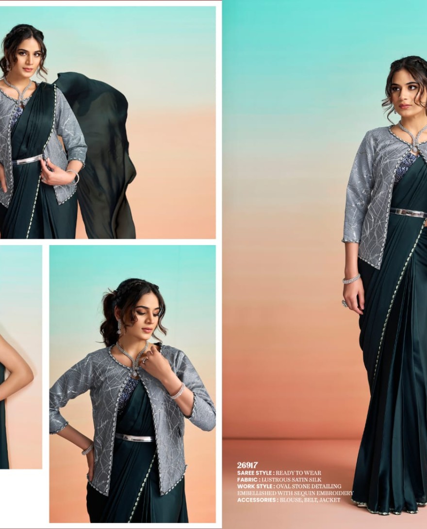 GREEN - Green Satin Silk Trendy Saree with Embroidered and Sequins Work