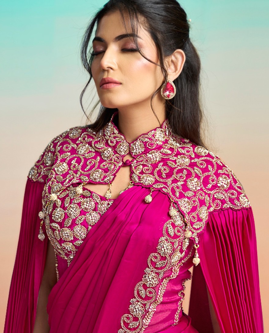 RANIPINK - Beads, Embroidered, Sequins and Zardosi Work Satin Silk Contemporary Saree In Rani for Ceremonial