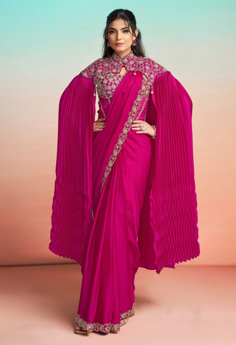 Beads, Embroidered, Sequins and Zardosi Work Satin Silk Contemporary Saree In Rani for Ceremonial