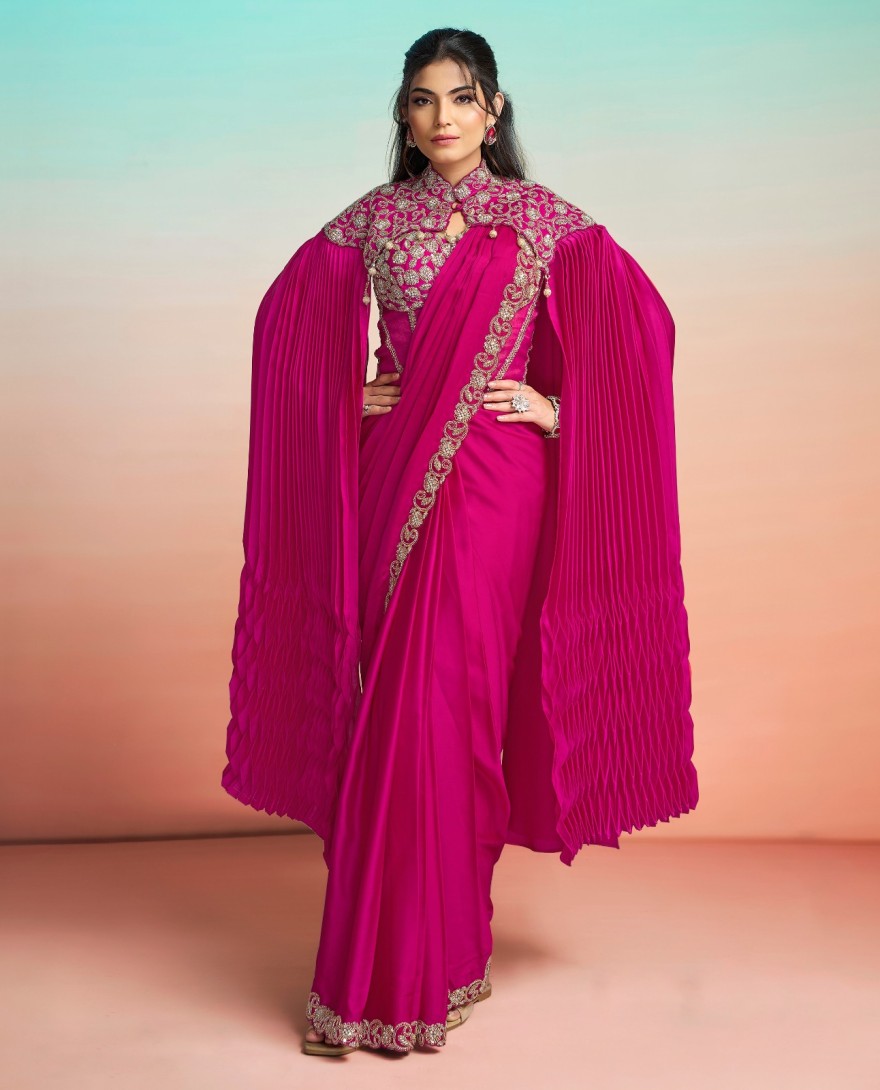 RANIPINK - Beads, Embroidered, Sequins and Zardosi Work Satin Silk Contemporary Saree In Rani for Ceremonial