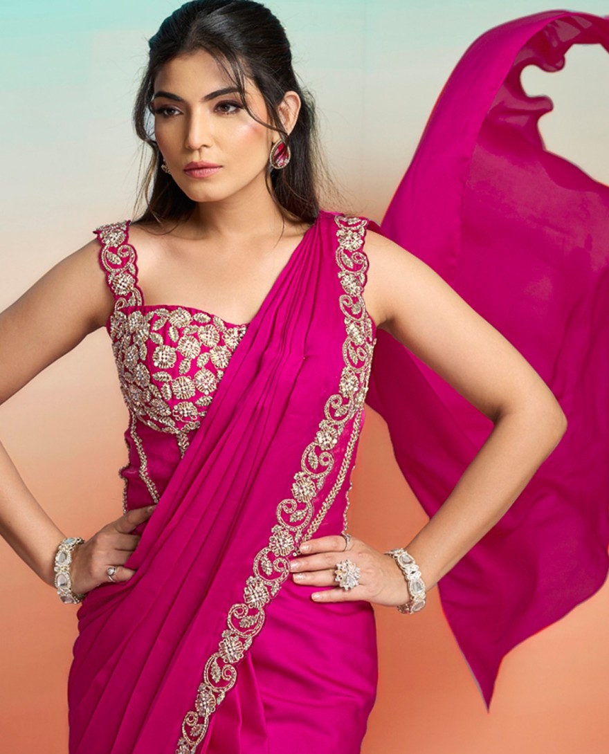 RANIPINK - Beads, Embroidered, Sequins and Zardosi Work Satin Silk Contemporary Saree In Rani for Ceremonial