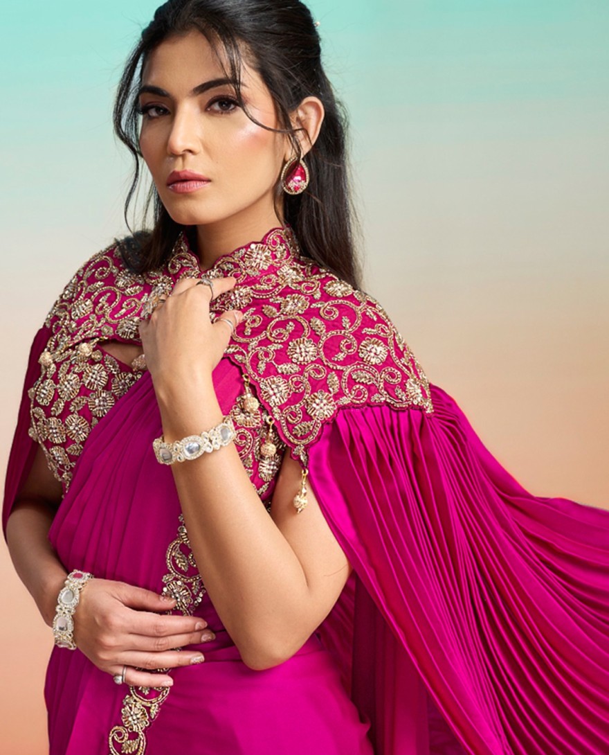 RANIPINK - Beads, Embroidered, Sequins and Zardosi Work Satin Silk Contemporary Saree In Rani for Ceremonial