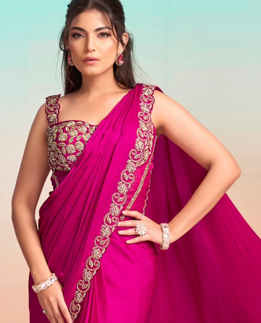 RANIPINK - Beads, Embroidered, Sequins and Zardosi Work Satin Silk Contemporary Saree In Rani for Ceremonial