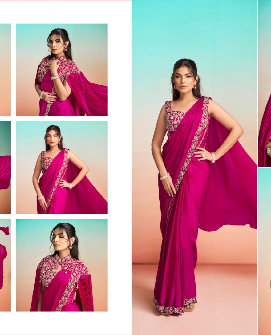RANIPINK - Beads, Embroidered, Sequins and Zardosi Work Satin Silk Contemporary Saree In Rani for Ceremonial