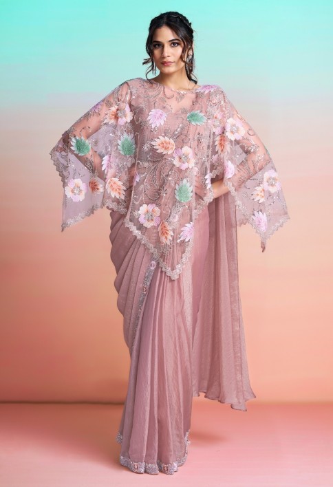 Peach Beads, Embroidered and Sequins Work Georgette Satin Traditional Saree