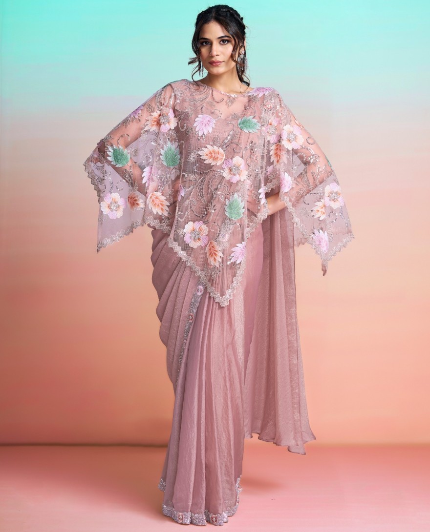 PINK - Peach Beads, Embroidered and Sequins Work Georgette Satin Traditional Saree