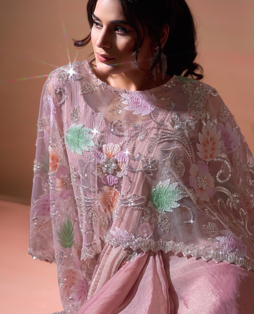 PINK - Peach Beads, Embroidered and Sequins Work Georgette Satin Traditional Saree