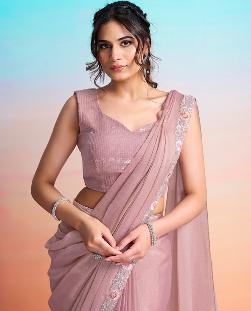 PINK - Peach Beads, Embroidered and Sequins Work Georgette Satin Traditional Saree