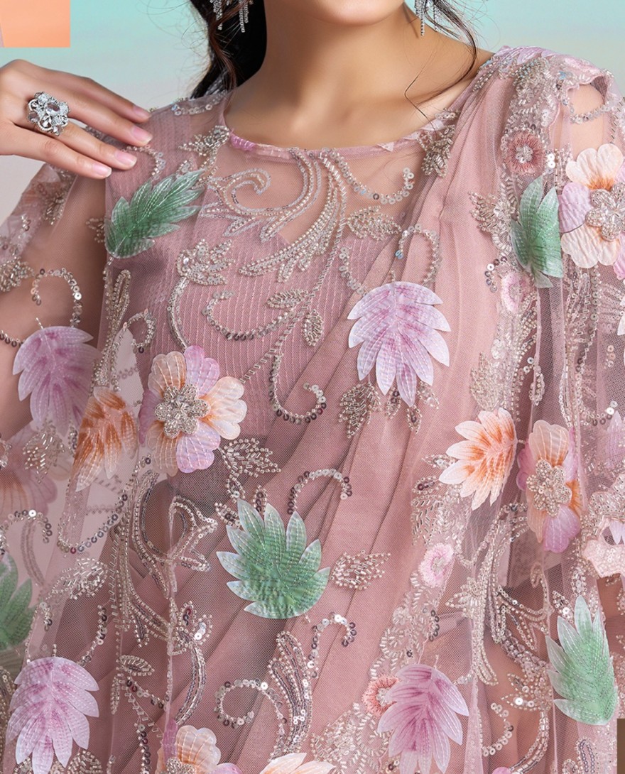 PINK - Peach Beads, Embroidered and Sequins Work Georgette Satin Traditional Saree