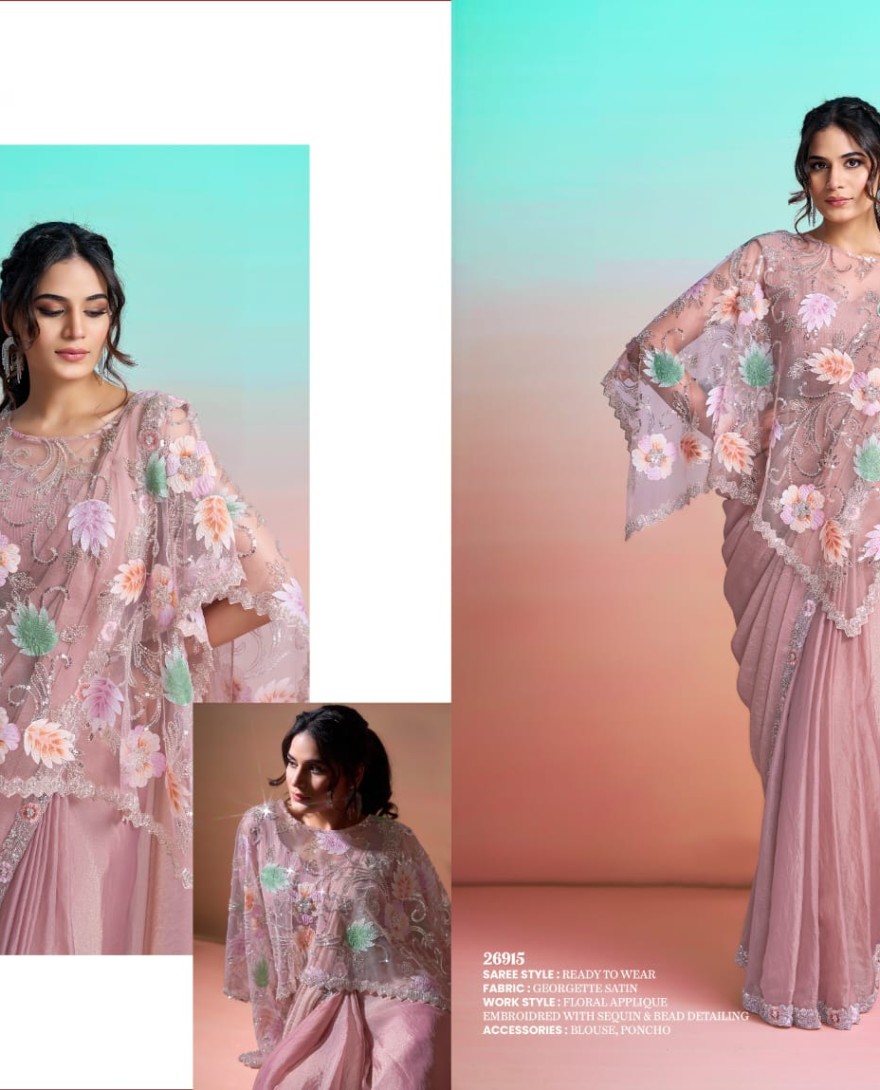 PINK - Peach Beads, Embroidered and Sequins Work Georgette Satin Traditional Saree