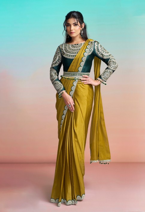 Mustard Embroidered, Pearls and Sequins Work Chiffon Satin Classic Saree