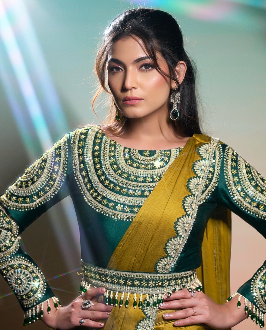 MUSTARD - Mustard Embroidered, Pearls and Sequins Work Chiffon Satin Classic Saree