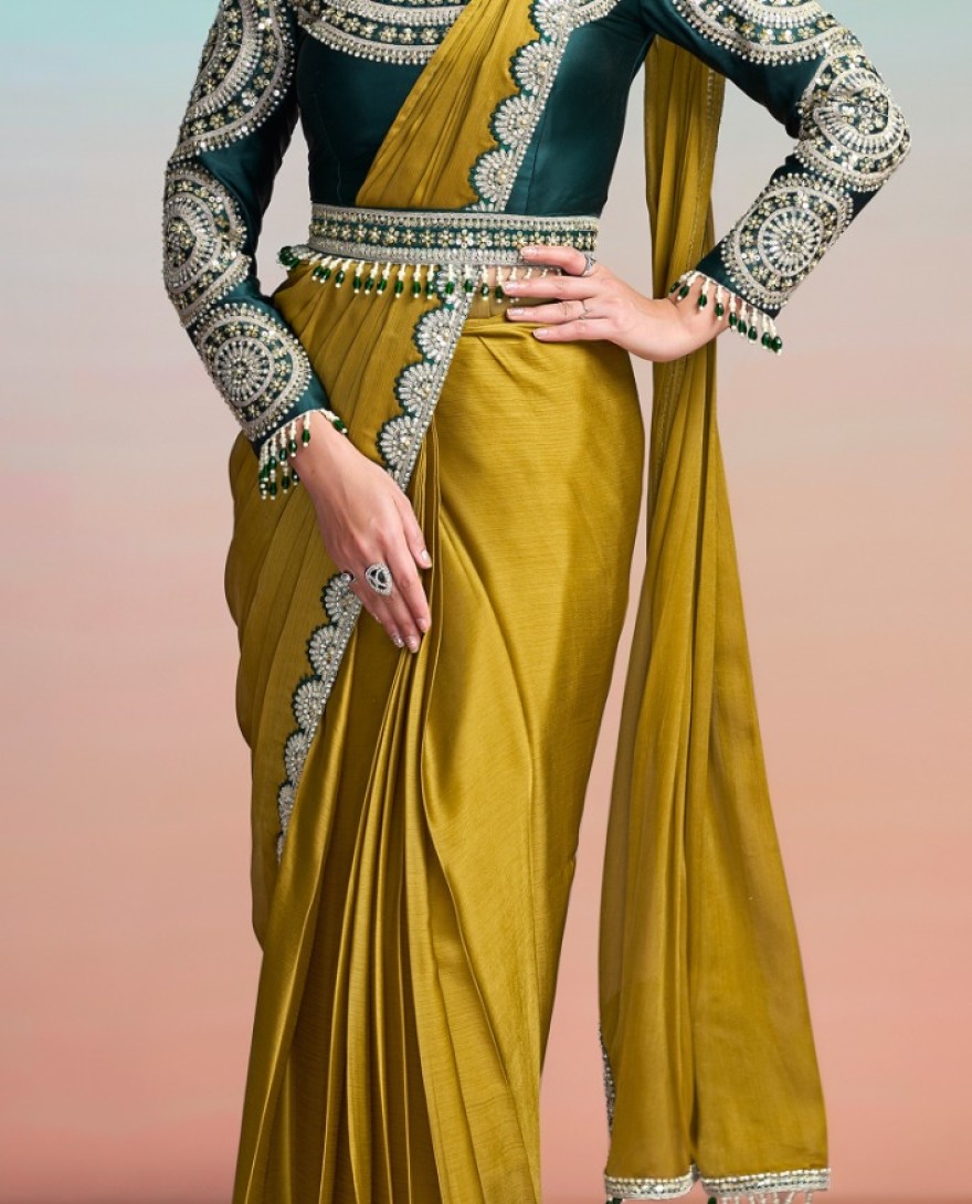 MUSTARD - Mustard Embroidered, Pearls and Sequins Work Chiffon Satin Classic Saree