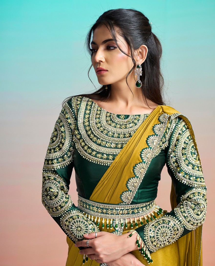 MUSTARD - Mustard Embroidered, Pearls and Sequins Work Chiffon Satin Classic Saree