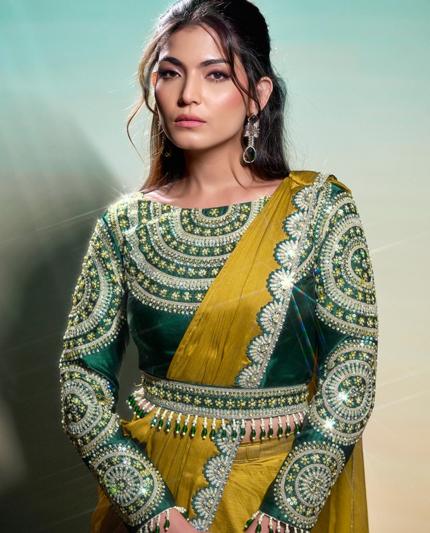 MUSTARD - Mustard Embroidered, Pearls and Sequins Work Chiffon Satin Classic Saree