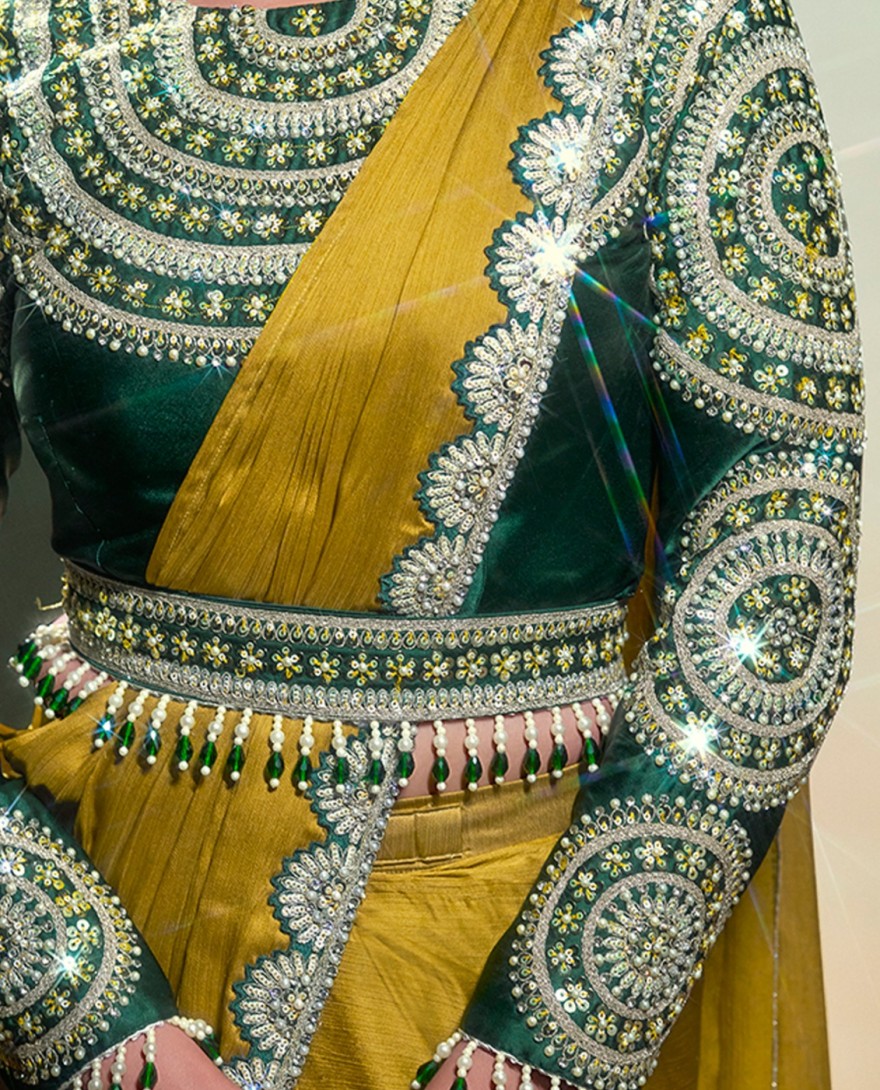 MUSTARD - Mustard Embroidered, Pearls and Sequins Work Chiffon Satin Classic Saree