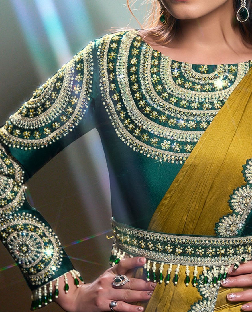 MUSTARD - Mustard Embroidered, Pearls and Sequins Work Chiffon Satin Classic Saree