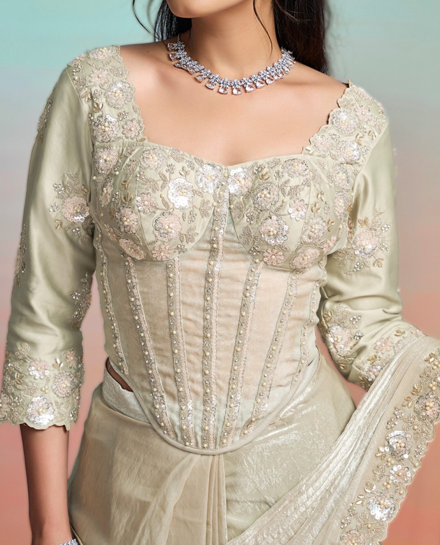 BEIGE - Beige Satin Silk Embroidered, Pearls and Sequins Work Classic Saree for Ceremonial