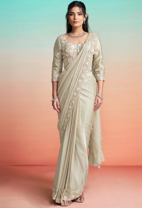 Beige Satin Silk Embroidered, Pearls and Sequins Work Classic Saree for Ceremonial